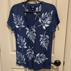 Chaps Dark Blue Leaf Pattern Short Sleeve Top